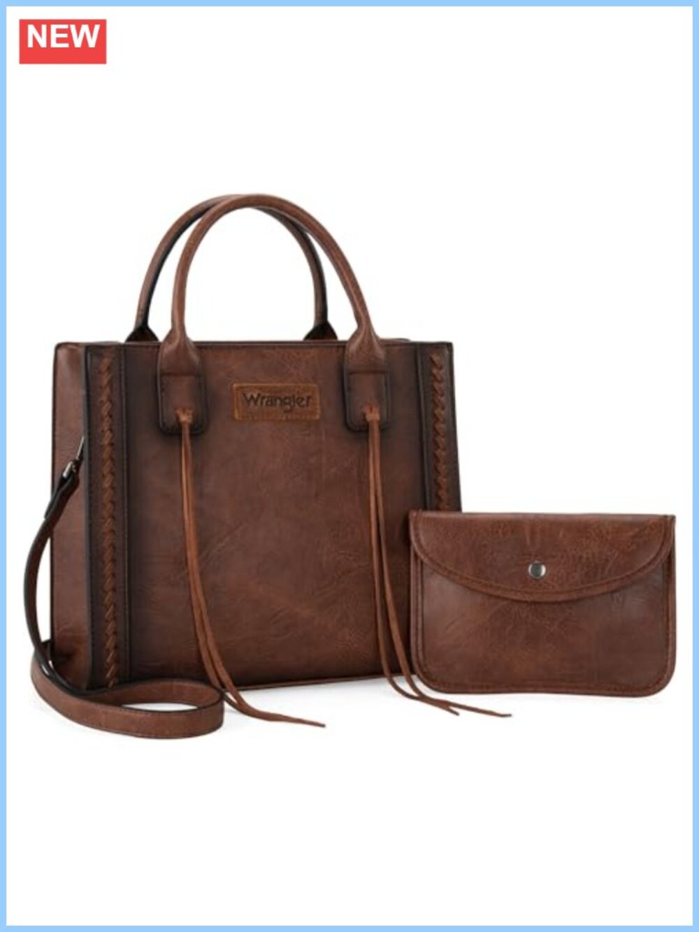 Wrangler Tote Bag Distressed Vegan Leather Whipstitch Satchel Purse Wallet Set
